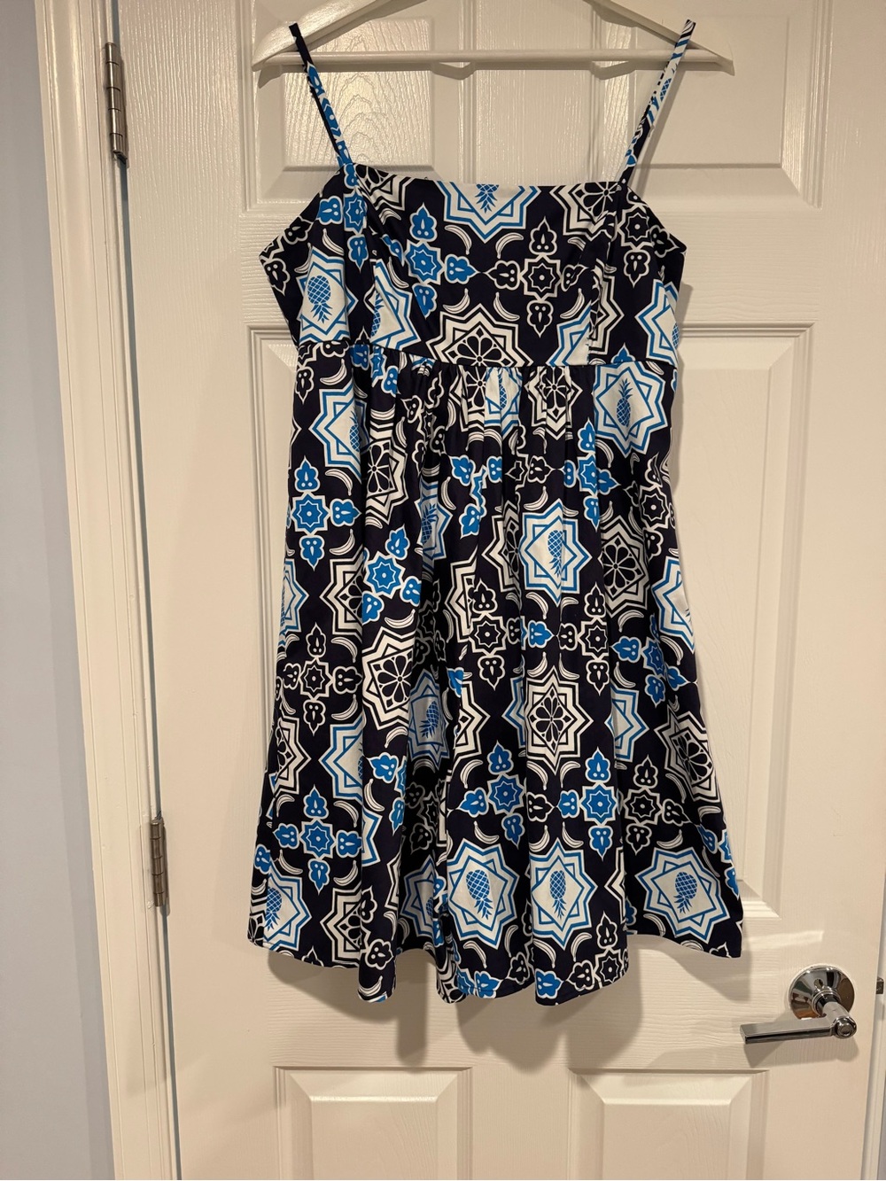 Hutch brand white and blue fruit/geometric patterned wide leg romper